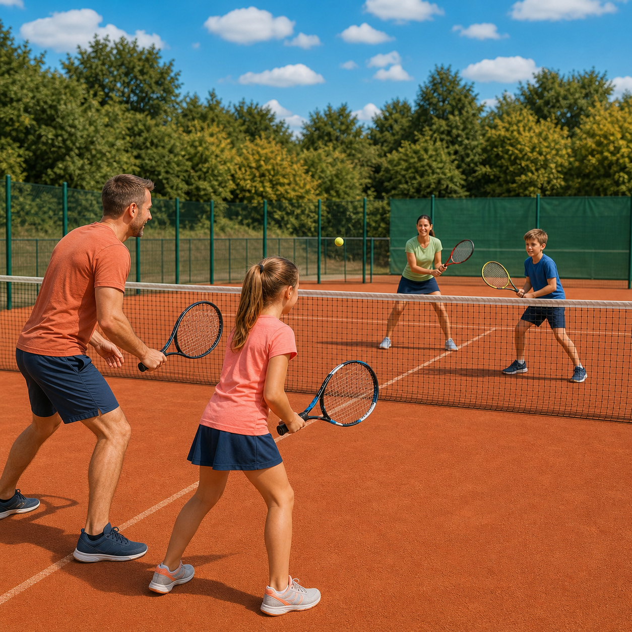Un père et sa fille jouant face à une mère et son fils sur les courts extérieurs en terre battue du Tennis Club Cholet